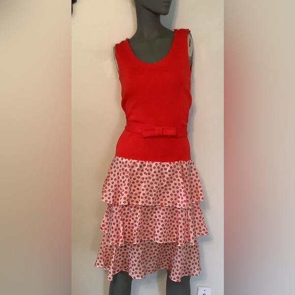 THERESE BAUMAIRE Paris Vintage Red Midi Dress Belt Ruffle 38 (size 8) - Picture 1 of 6